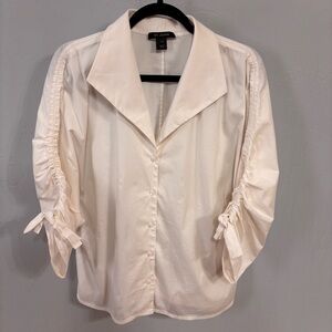 St. John White Blouse with Butterfly Ruched Sleeves and Bow - Sz 12 Like New